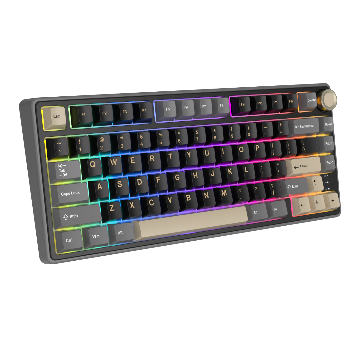 Una tastiera meccanica grigia con illuminazione RGB su tasti e cornice. Tasti neri.