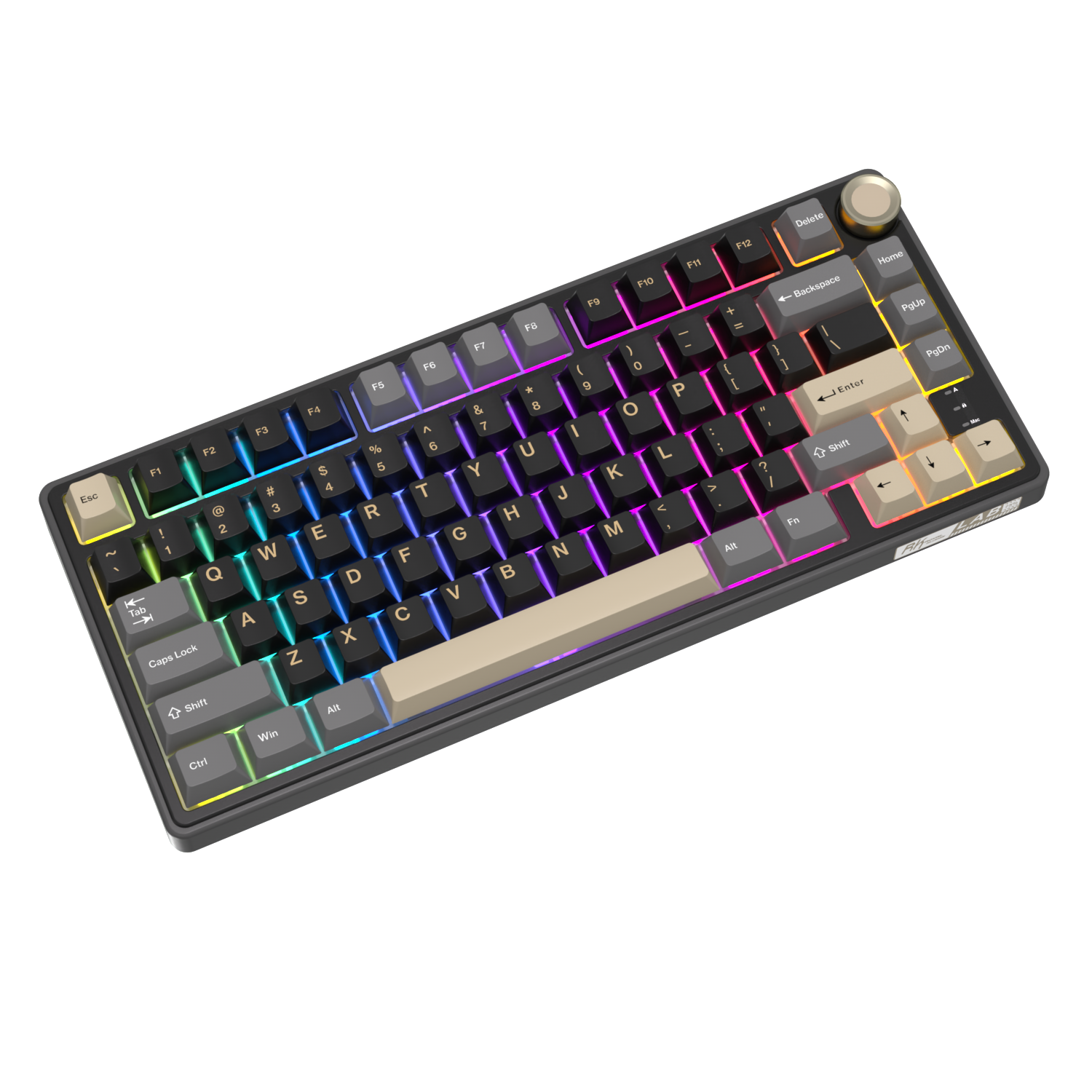 Una tastiera meccanica grigio scuro con retroilluminazione RGB e manopola rotante.
