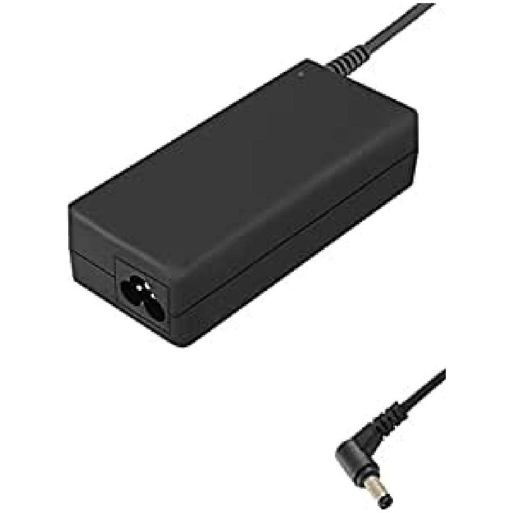 Schwarzes Laptop-Netzteil mit zwei Anschlüssen und einem separaten abgewinkelten Stecker.