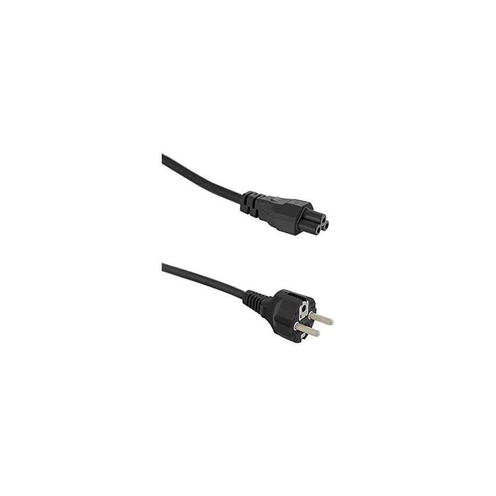 Ein schwarzes Netzkabel mit einem C5-Stecker oben und einem Eurostecker unten.