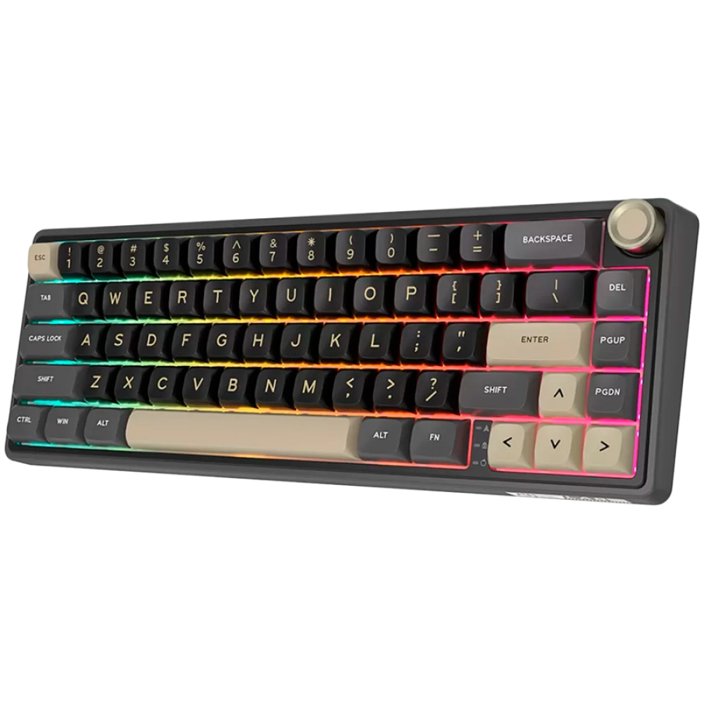 Klawiatura mechaniczna z podświetleniem RGB, ciemnymi klawiszami i pokrętłem.