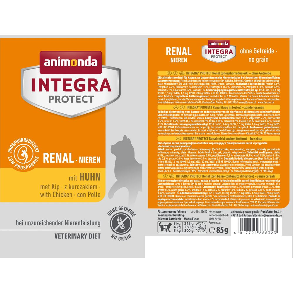 Opakowanie karmy Animonda Integra Protect Renal z kurczakiem, bez zbóż.