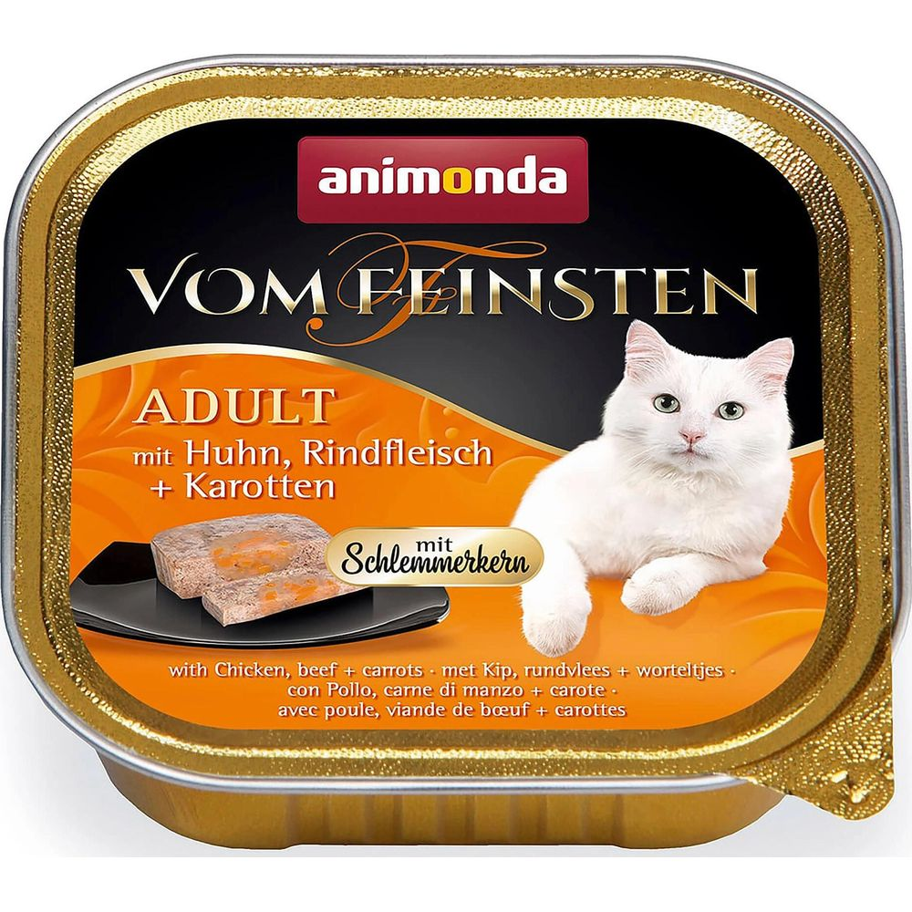 Animonda Vom Feinsten adult cat food with chicken, beef, carrots & schlemmerkern.