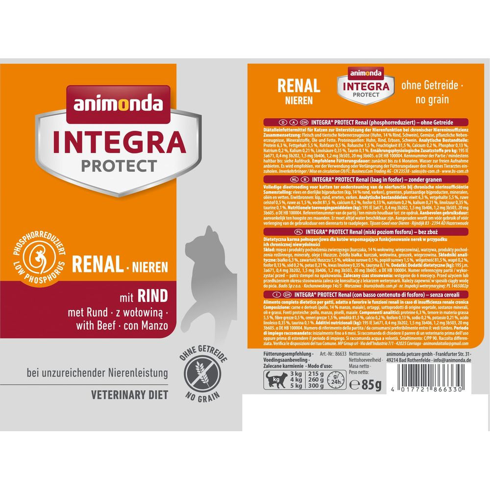 Animonda Integra Protect Renal Futterpackung für Katzen mit Rind, ohne Getreide.