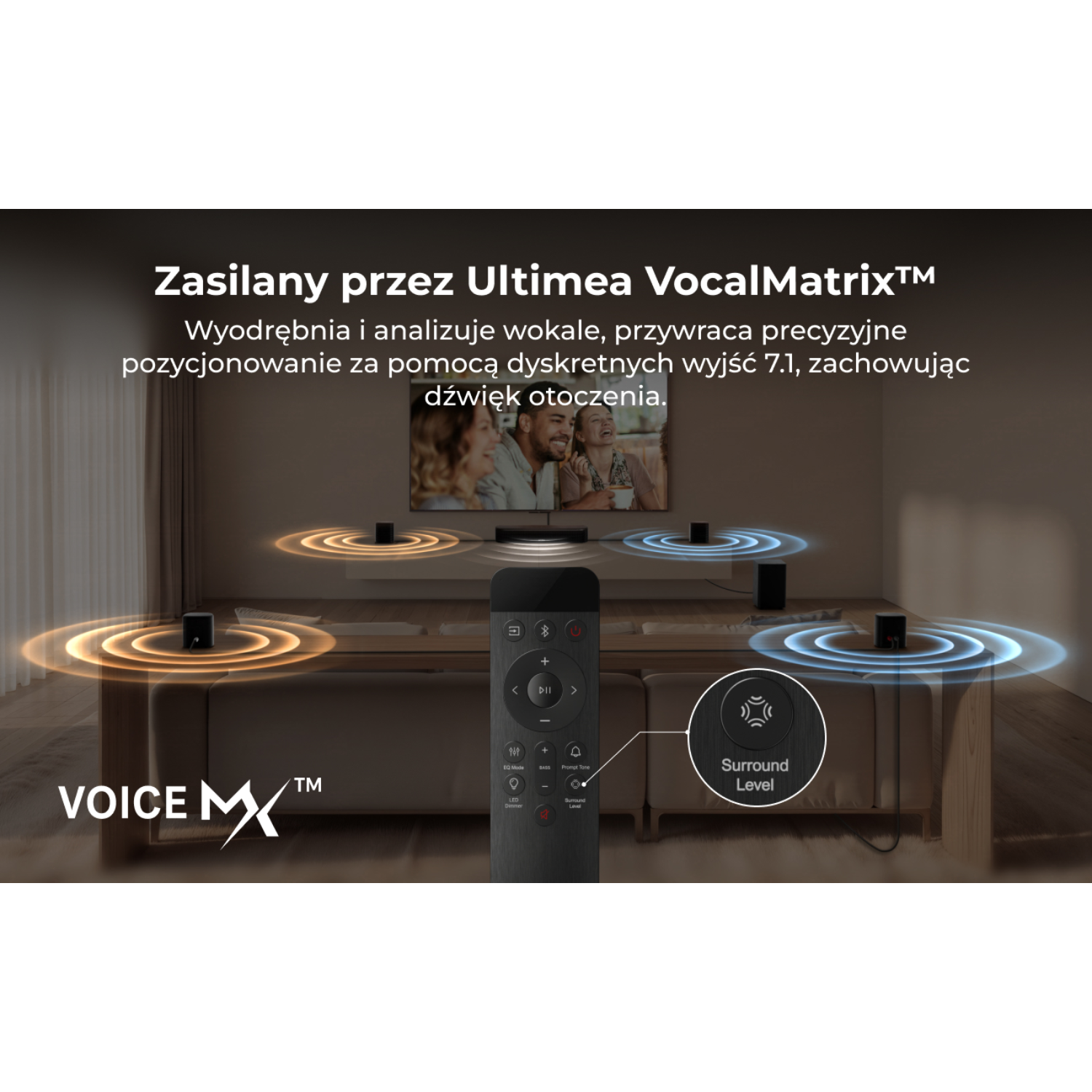 Pilot i głośniki w salonie, z wskaźnikami fal.