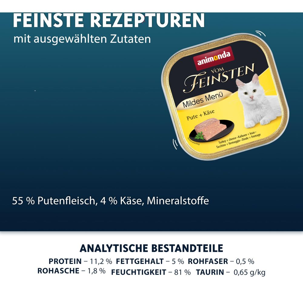 Opakowanie karmy dla kota z białym kotem, menu Indyk i Ser, lista.