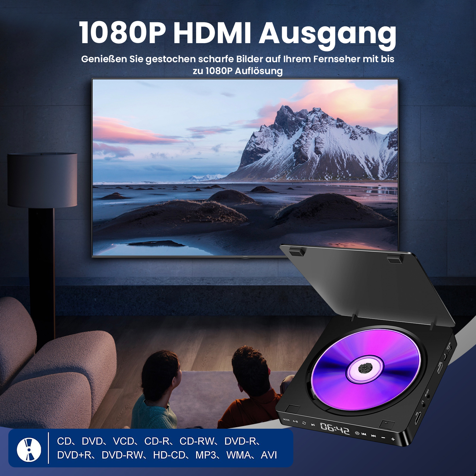 Ein tragbarer DVD-Player mit lila Disc, der an einen Fernseher angeschlossen ist.