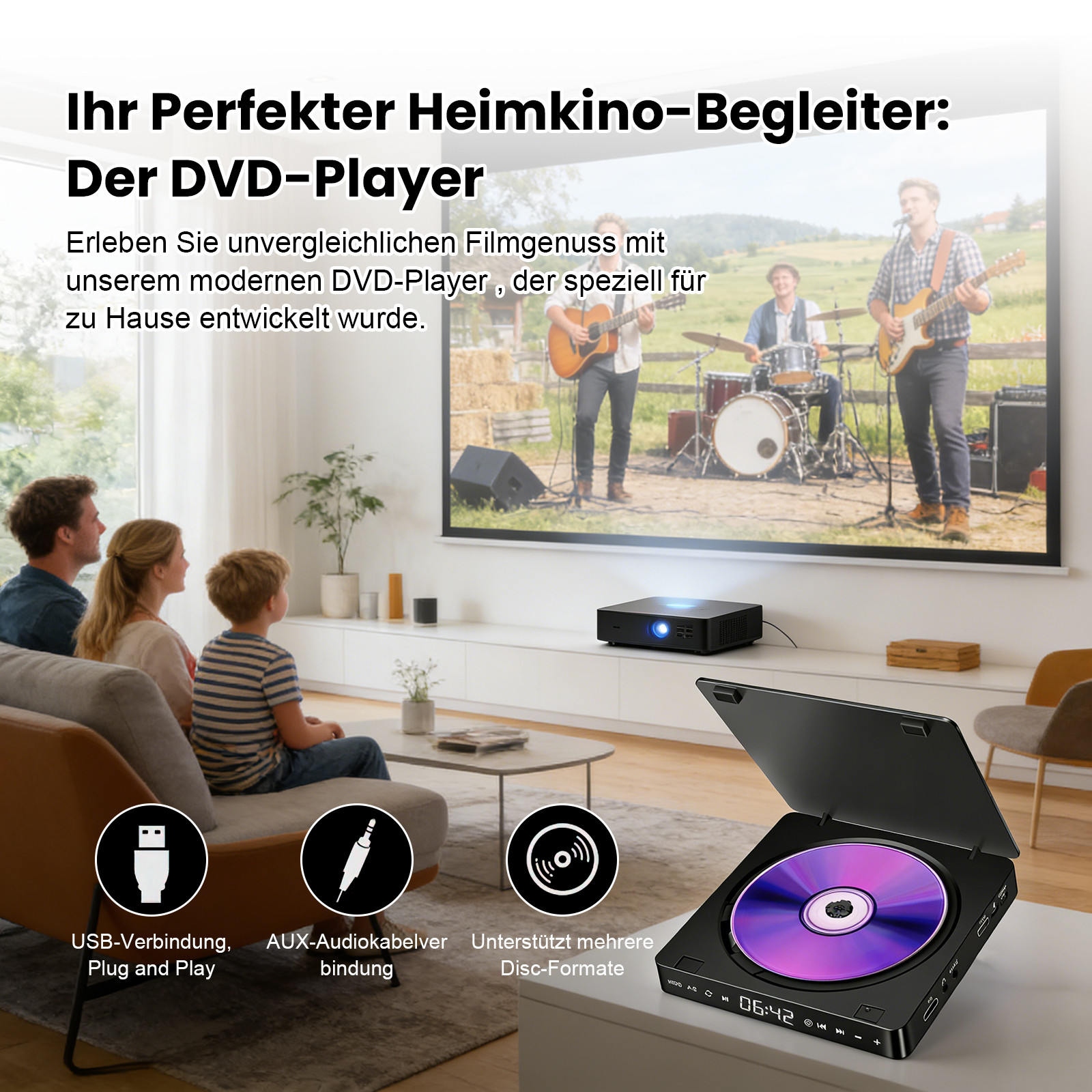 Familie schaut Film auf Leinwand, DVD-Player und Projektor im Vordergrund.