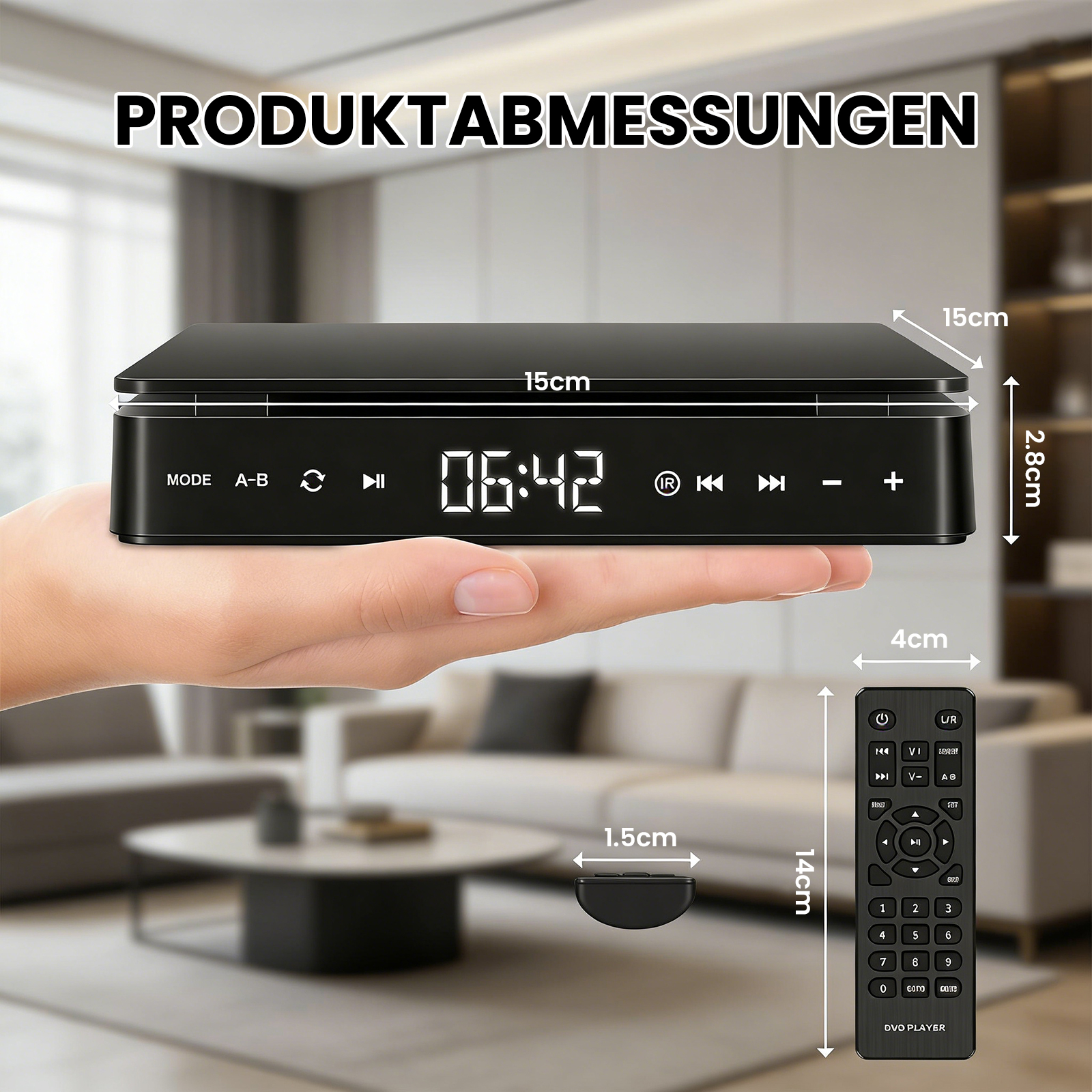 Ein schwarzer DVD-Player mit Fernbedienung und Maßen.