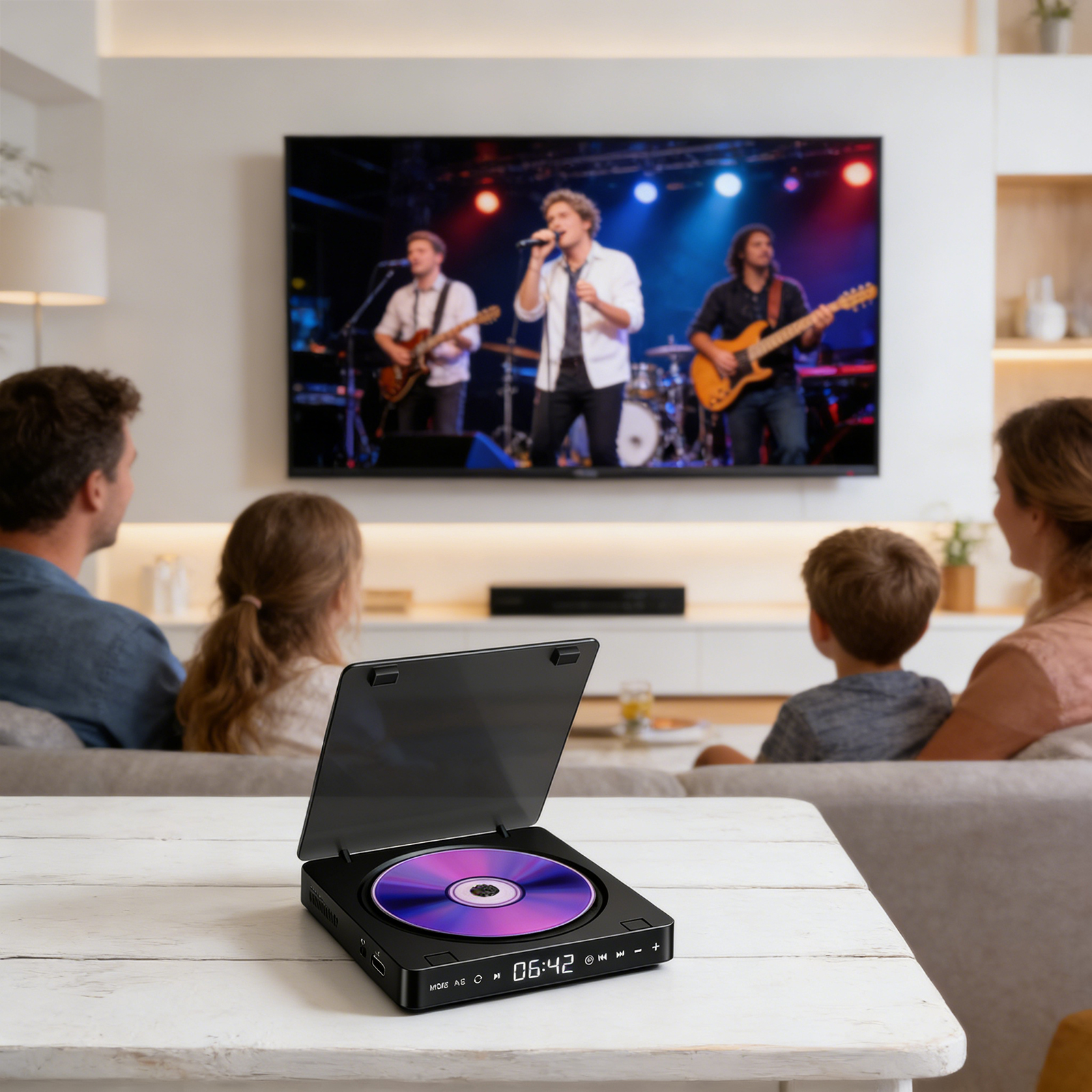 Eine Familie schaut eine Band auf einem Fernseher, ein CD-Player liegt vorne.