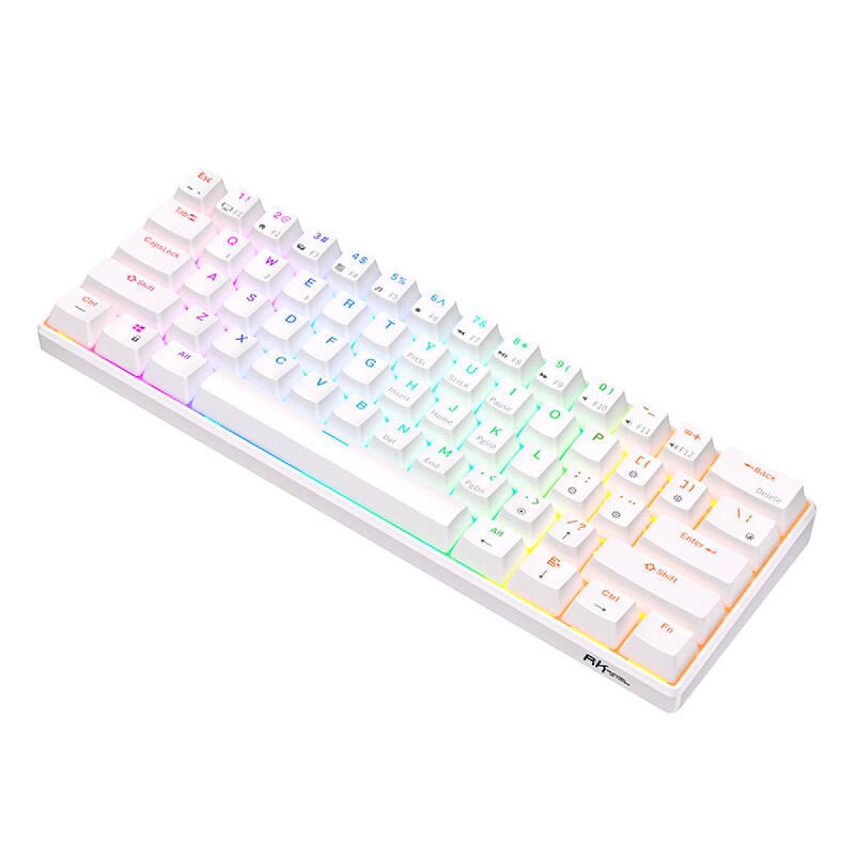 Biała klawiatura mechaniczna z podświetleniem RGB, na białym tle.