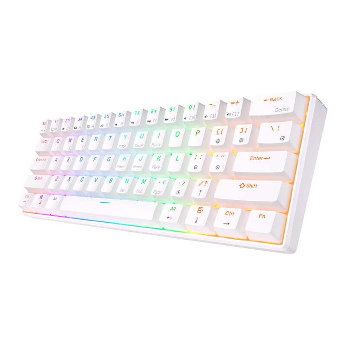 Biała klawiatura mechaniczna z podświetleniem RGB pokazana pod kątem.