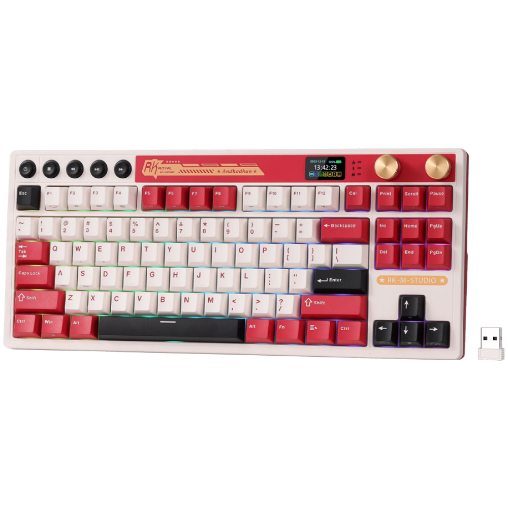 Tastiera meccanica bianca con tasti rossi e bianchi, manopole dorate e display.