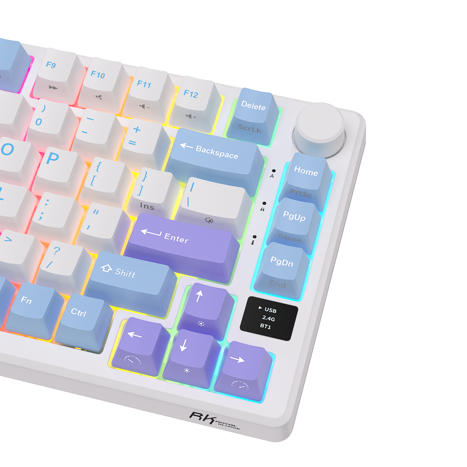 Biała klawiatura z kolorowymi klawiszami RGB na czarnym tle.