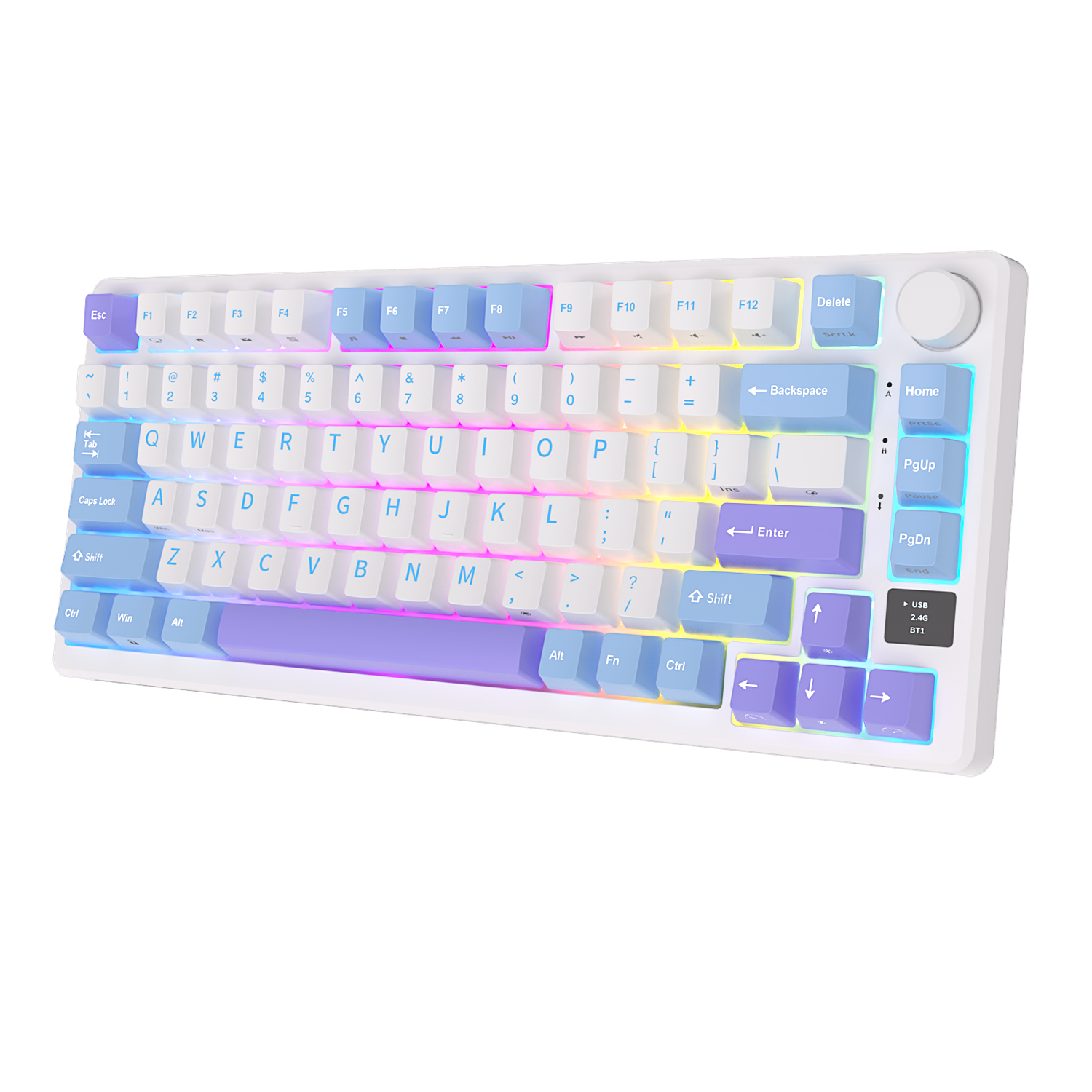 Biała klawiatura mechaniczna z fioletowymi i niebieskimi akcentami oraz podświetleniem RGB.