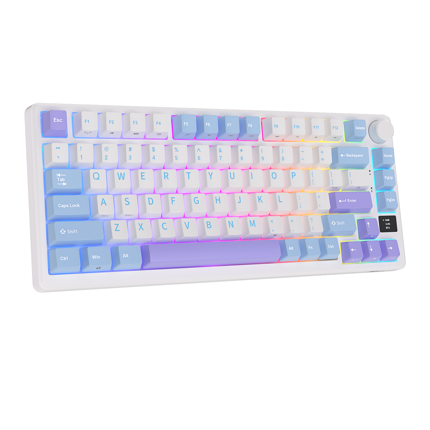 Biała klawiatura mechaniczna z kolorowymi klawiszami na czarnym tle.