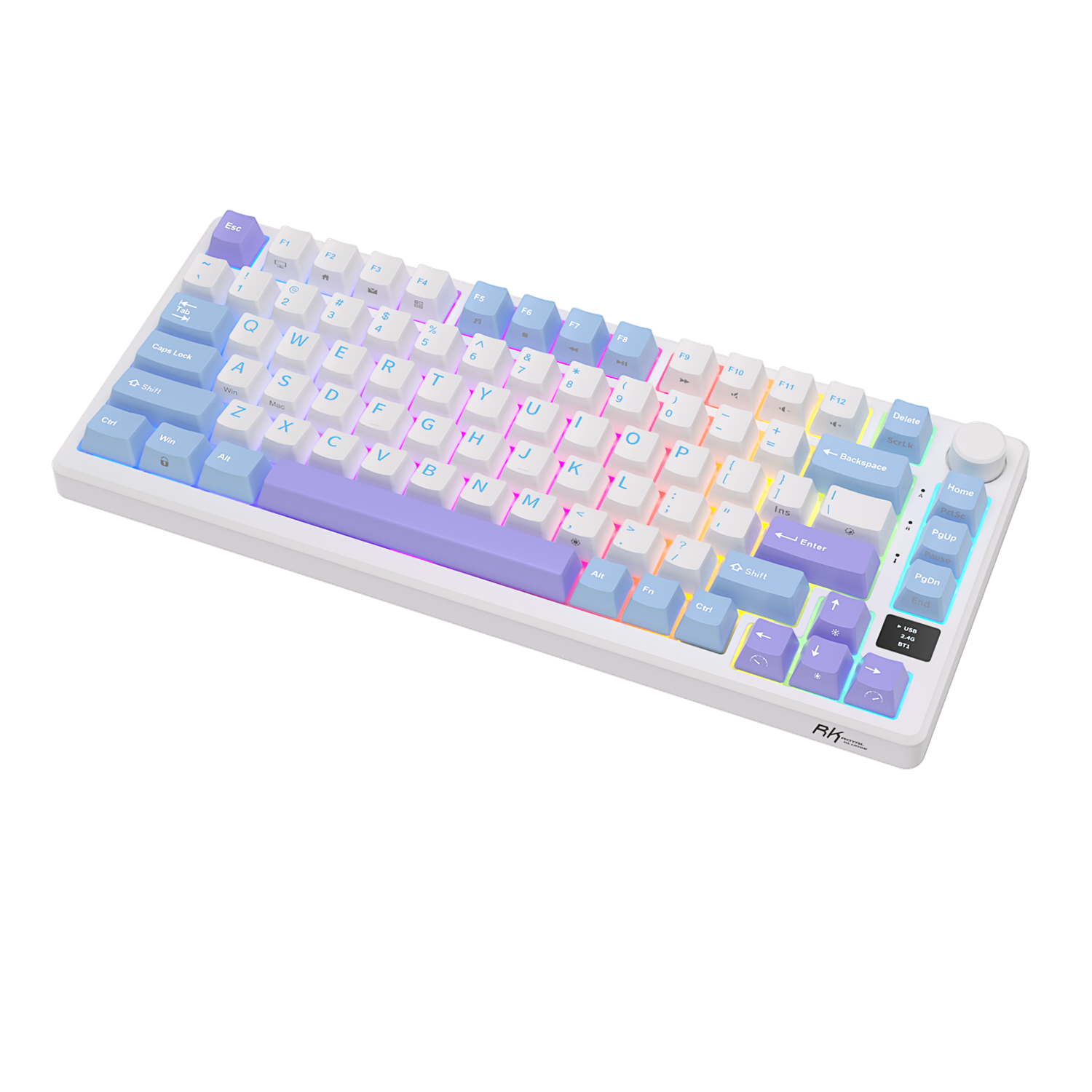 Biała klawiatura z kolorowymi klawiszami i podświetleniem RGB. Zbliżenie.