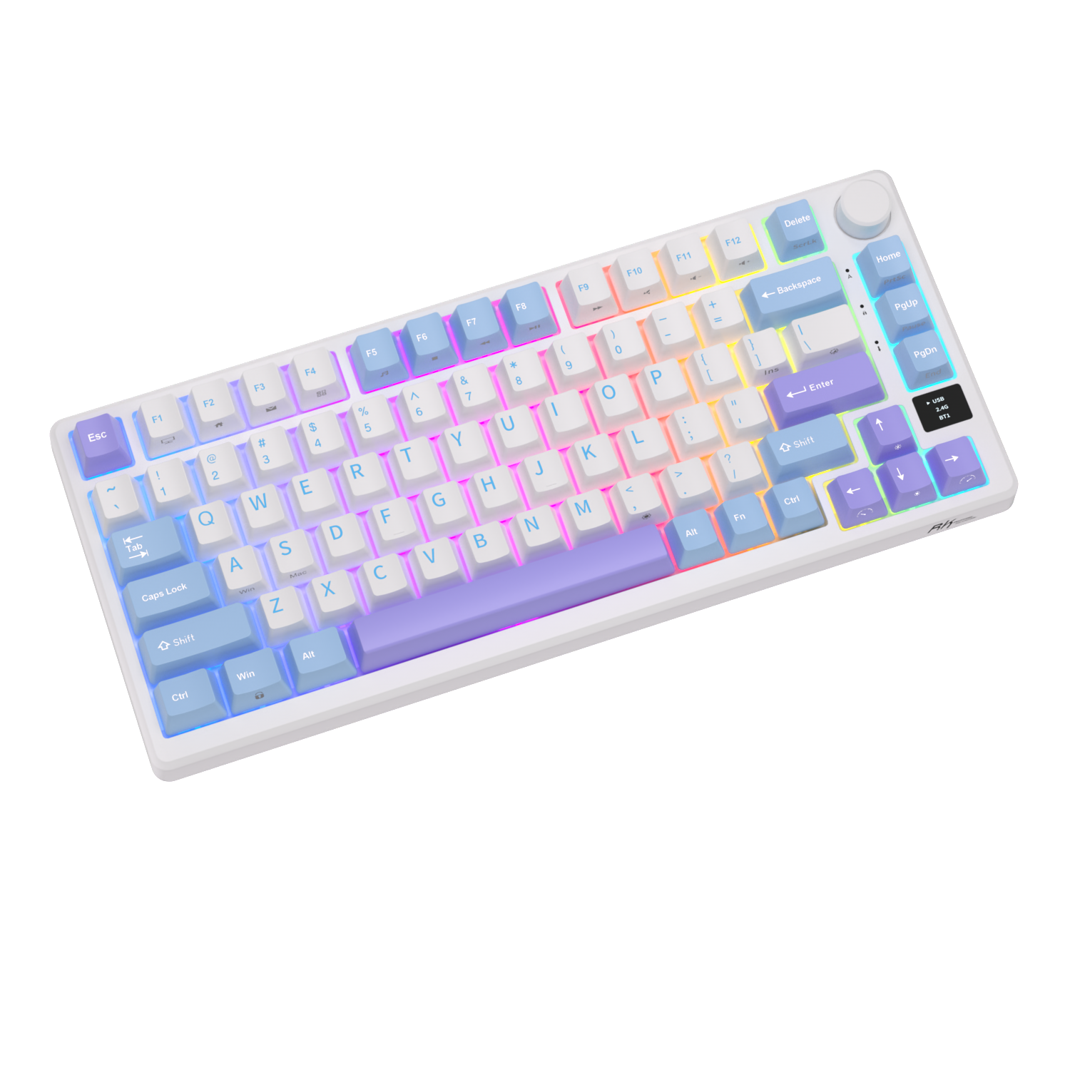 Biała klawiatura z pastelowymi klawiszami podświetlanymi RGB.