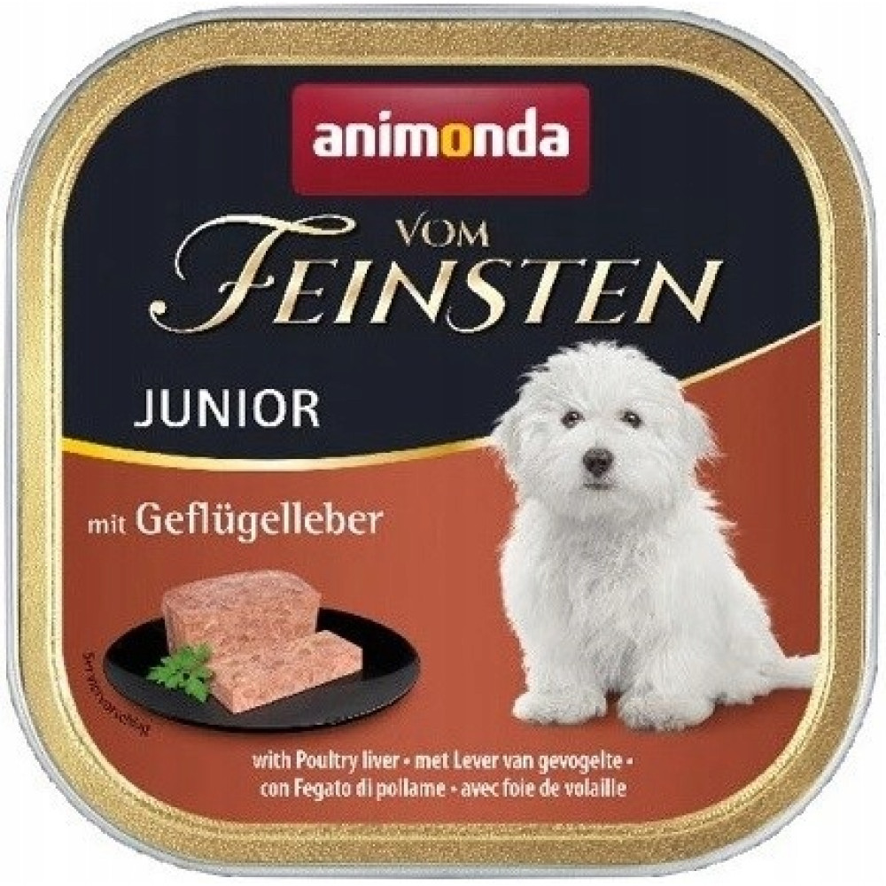 Comida para perros Animonda Junior con hígado de ave y cachorro tierno en el envase.