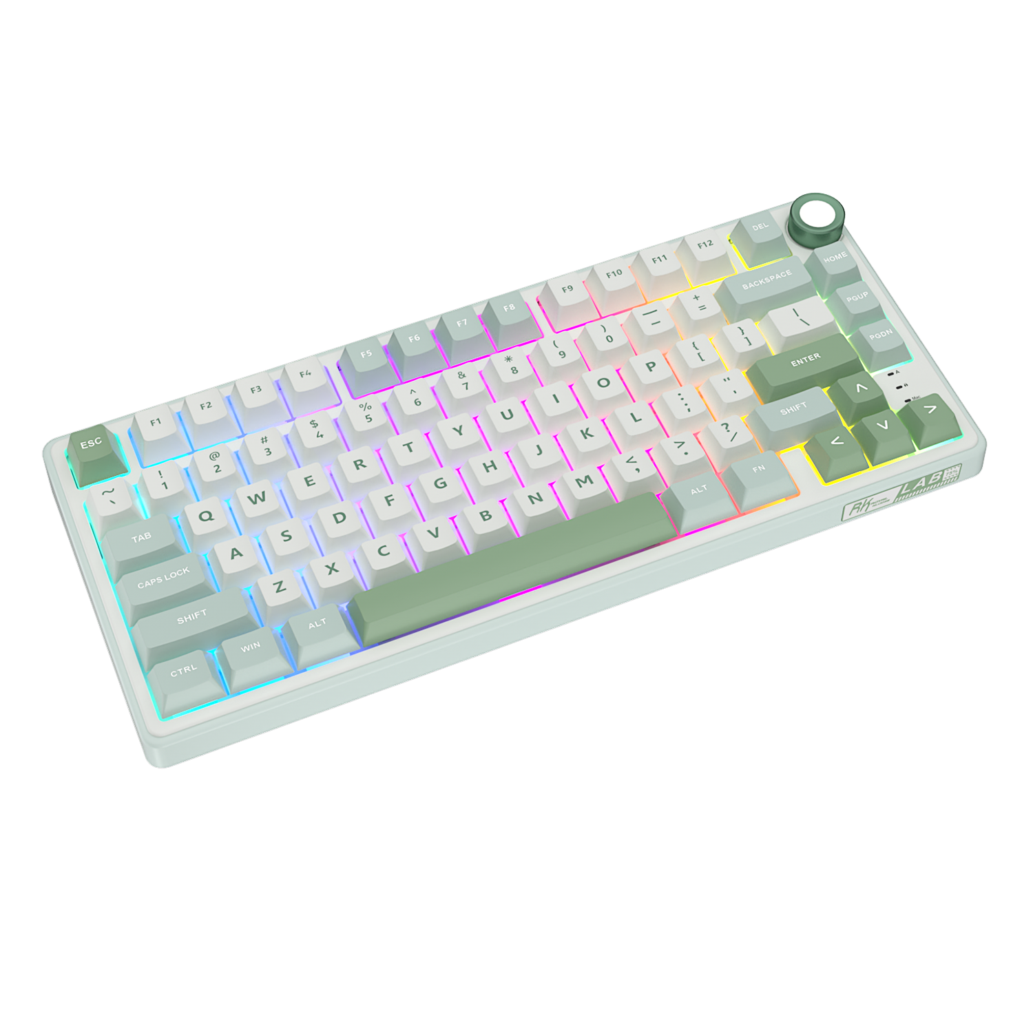 Biała klawiatura z zielonymi akcentami, podświetlona światłami RGB.