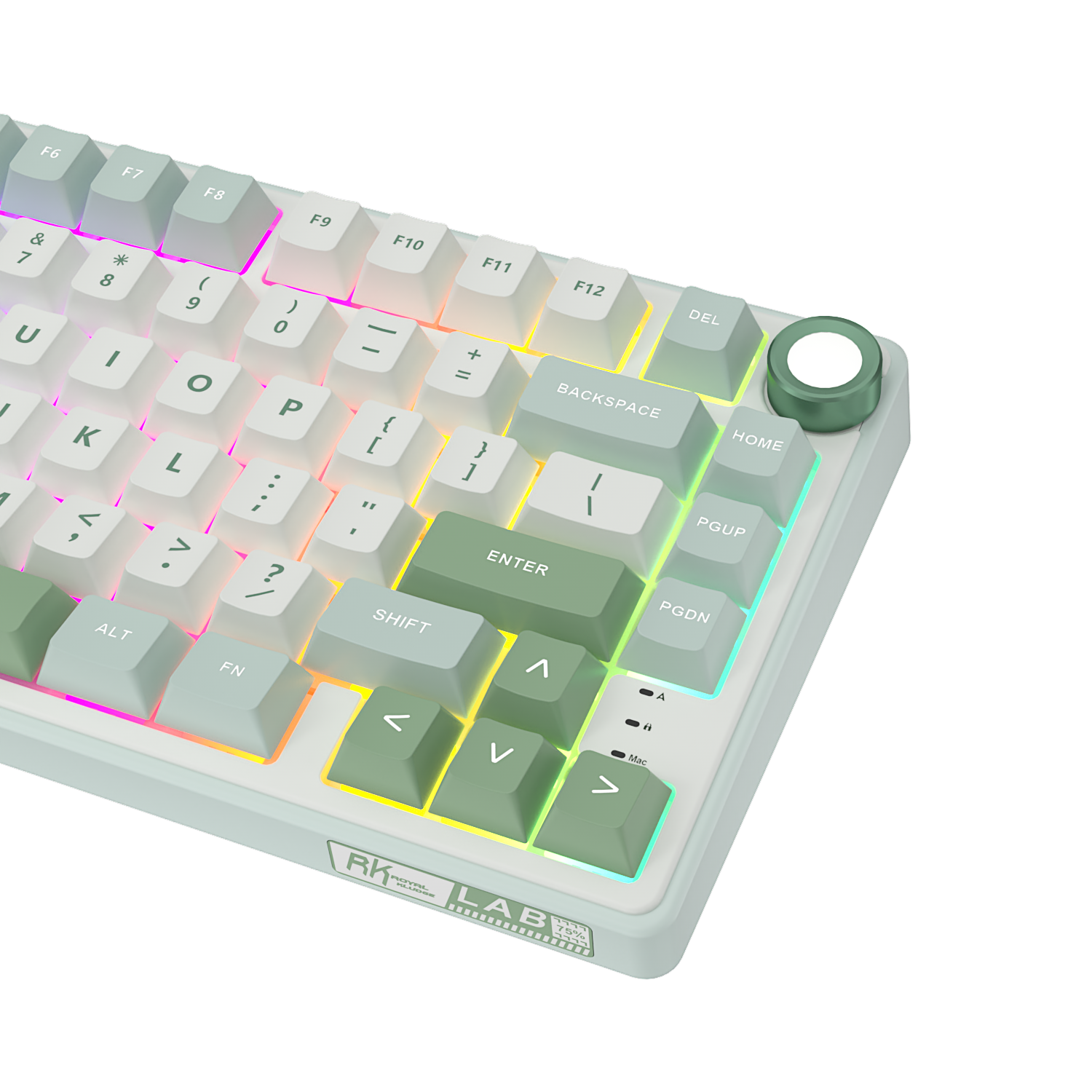 Biała i zielona klawiatura mechaniczna z podświetleniem RGB. W prawym górnym rogu znajduje się zielone pokrętło.