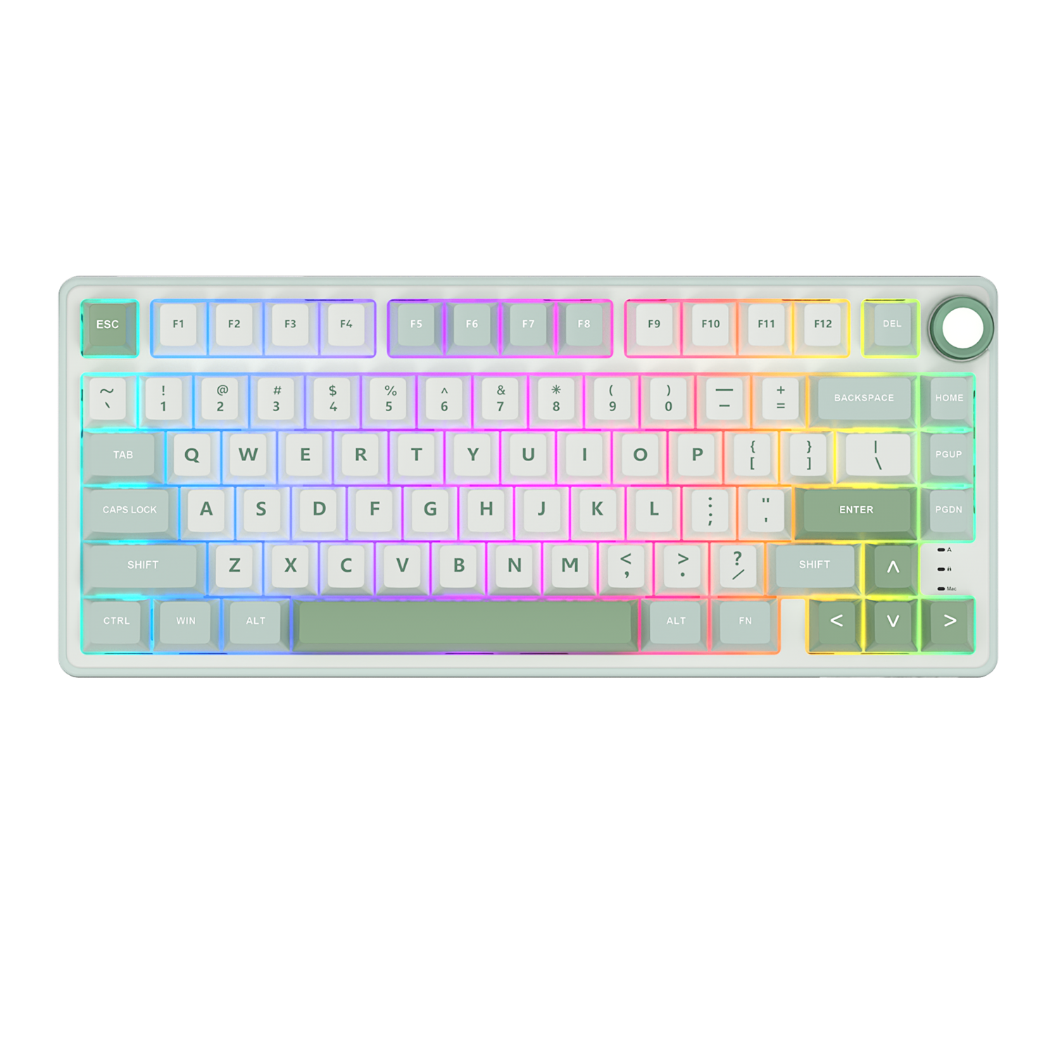 Biała klawiatura z oświetleniem RGB i pokrętłem w prawym górnym rogu.