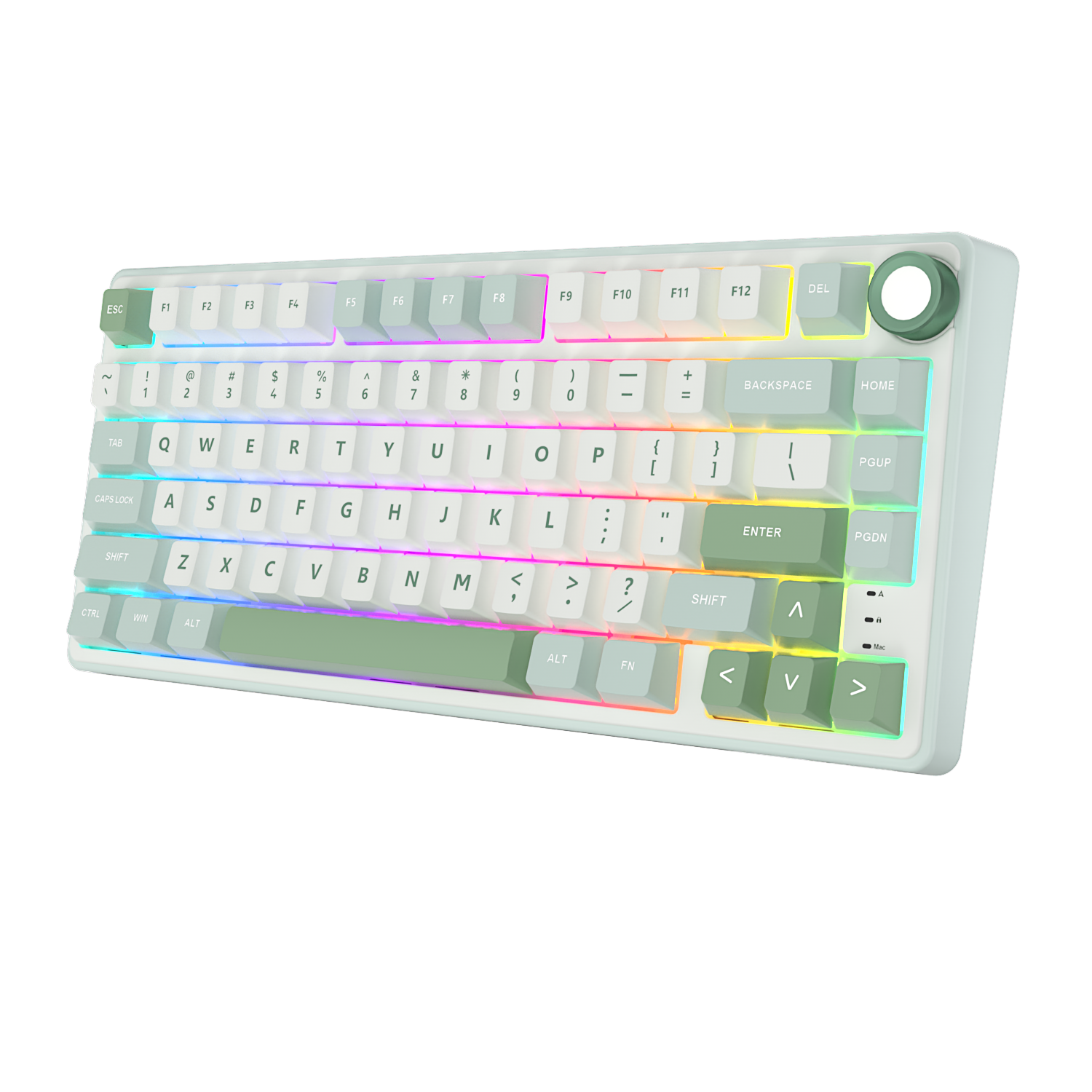 Biała klawiatura mechaniczna z podświetleniem RGB i zielonym pokrętłem.