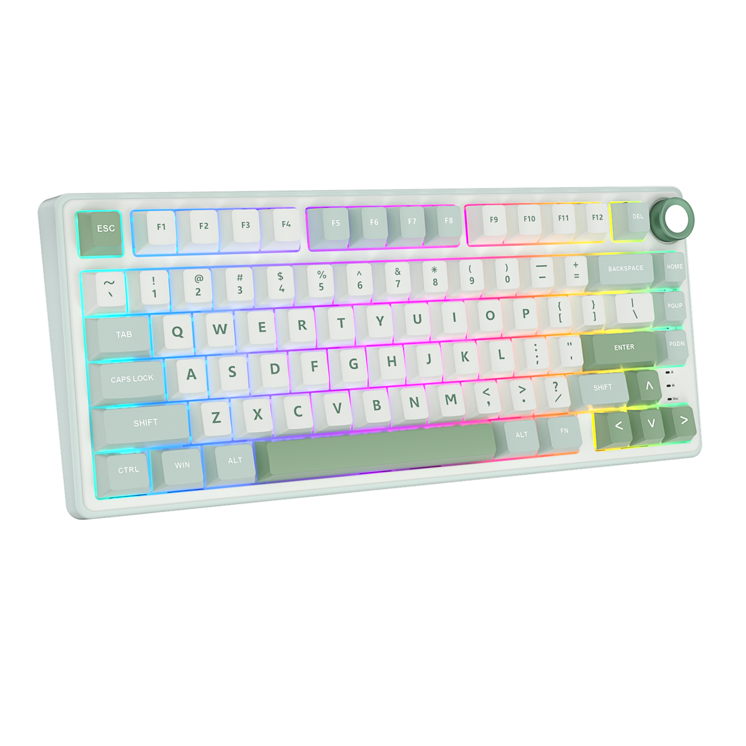 Biała klawiatura mechaniczna z podświetleniem RGB i pokrętłem.
