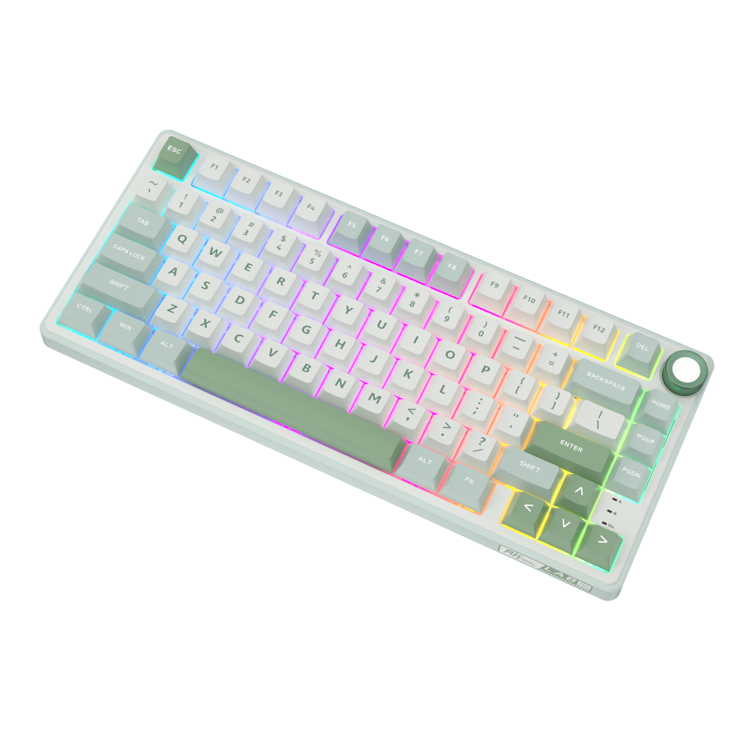 Biała klawiatura z zielonymi klawiszami i podświetleniem RGB na czarnym tle.