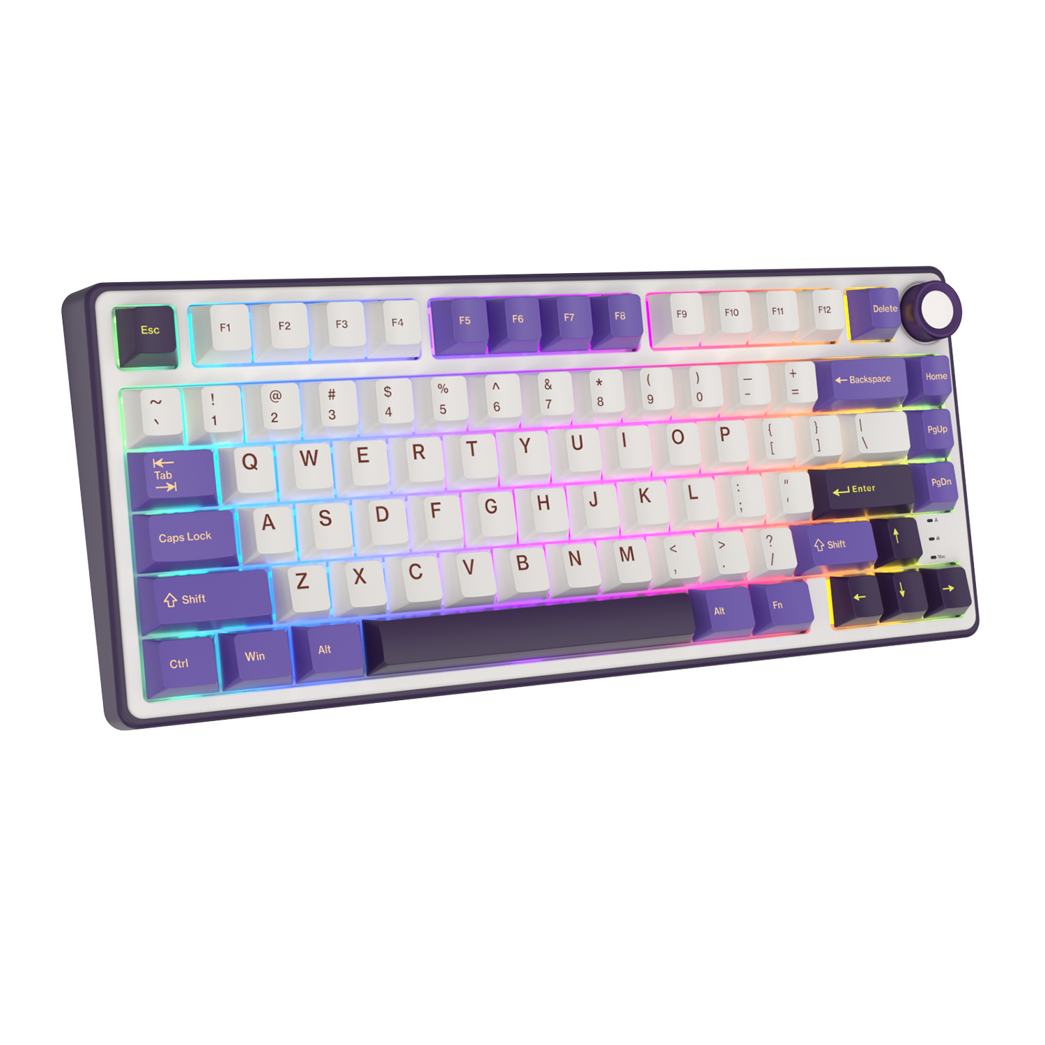 Biała i fioletowa klawiatura mechaniczna z podświetleniem RGB. Posiada pokrętło.