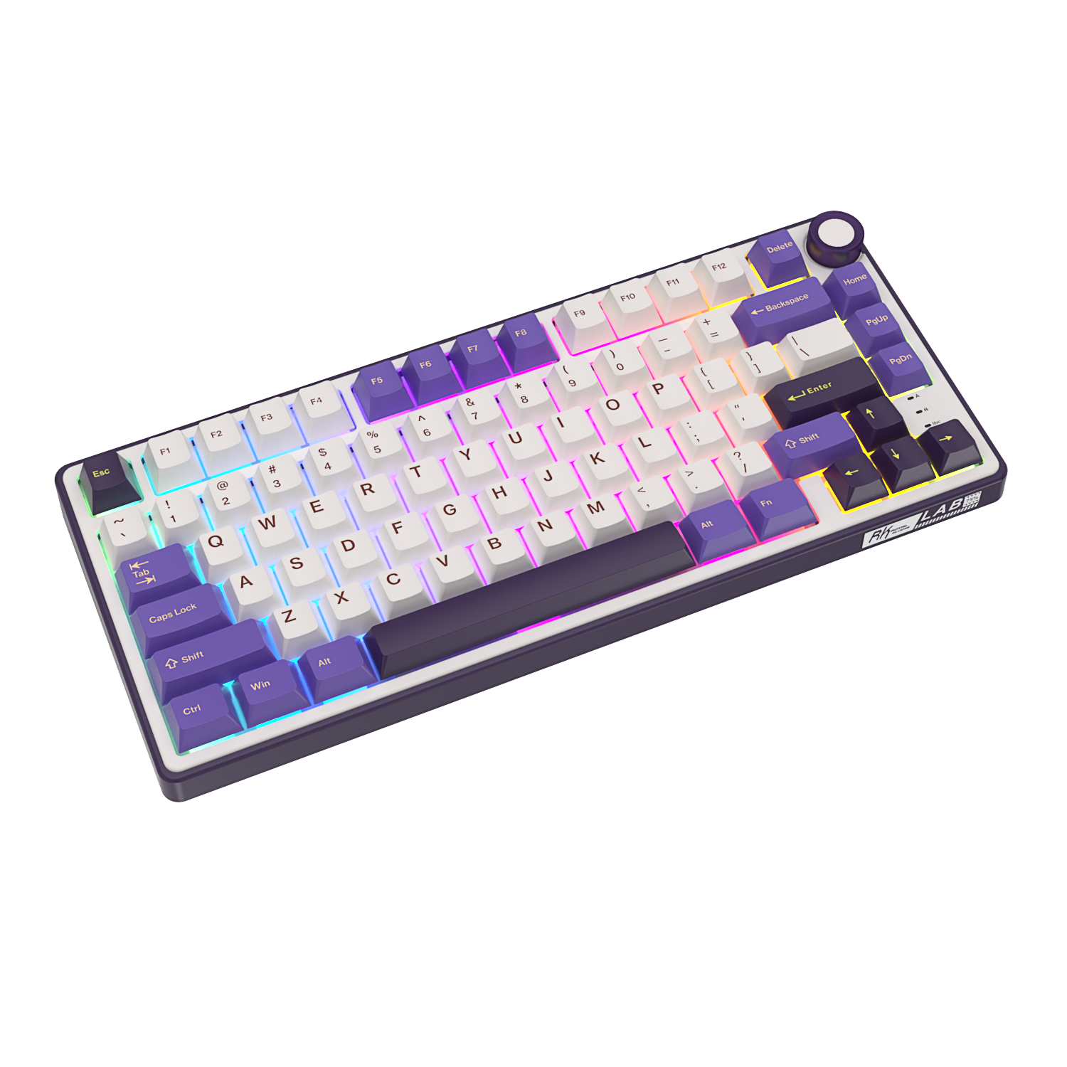 Biała i fioletowa klawiatura mechaniczna z podświetleniem RGB na czarnym tle.