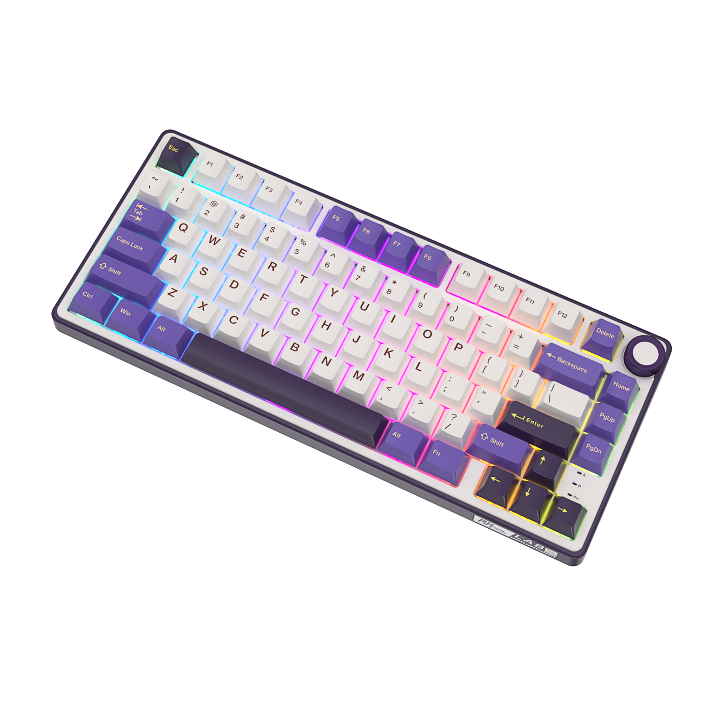 Biała i fioletowa klawiatura mechaniczna z podświetleniem RGB na czarnym tle.