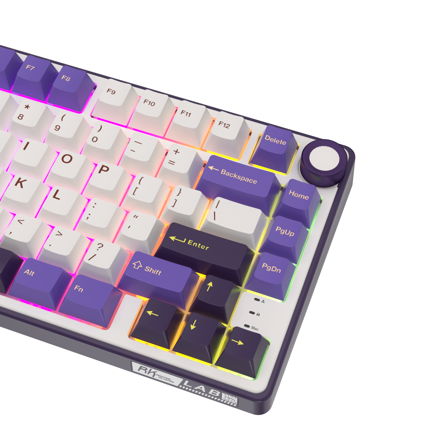 Zbliżenie fioletowo-białej klawiatury mechanicznej z podświetleniem RGB na czarnym tle.