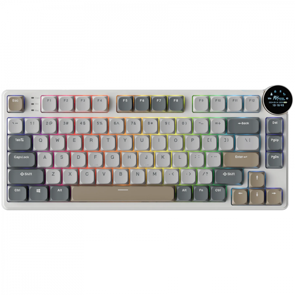 Una tastiera meccanica bianca con illuminazione RGB e un piccolo display.