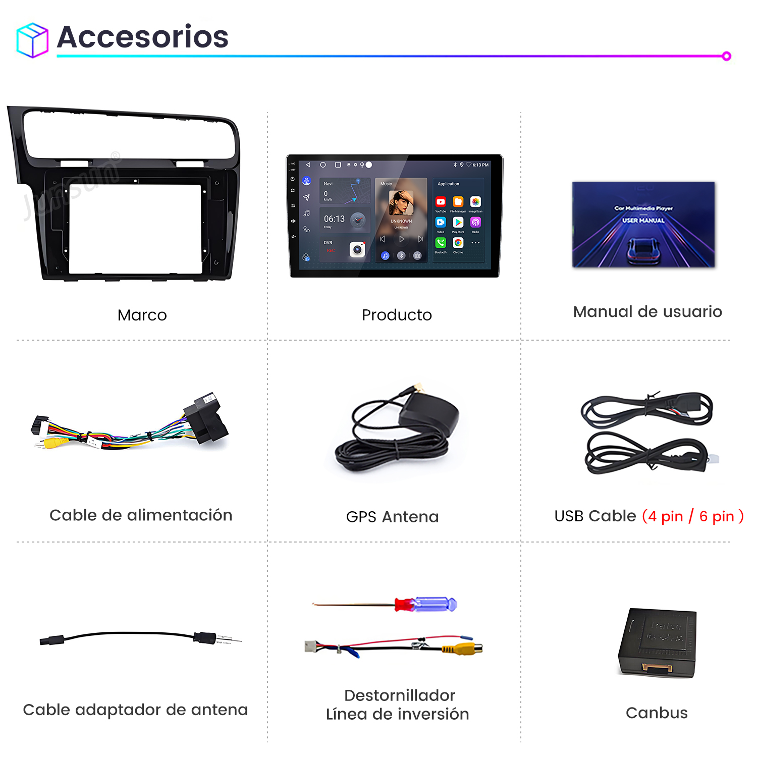 Kit de accesorios para coche con marco, pantalla, cables y manual.