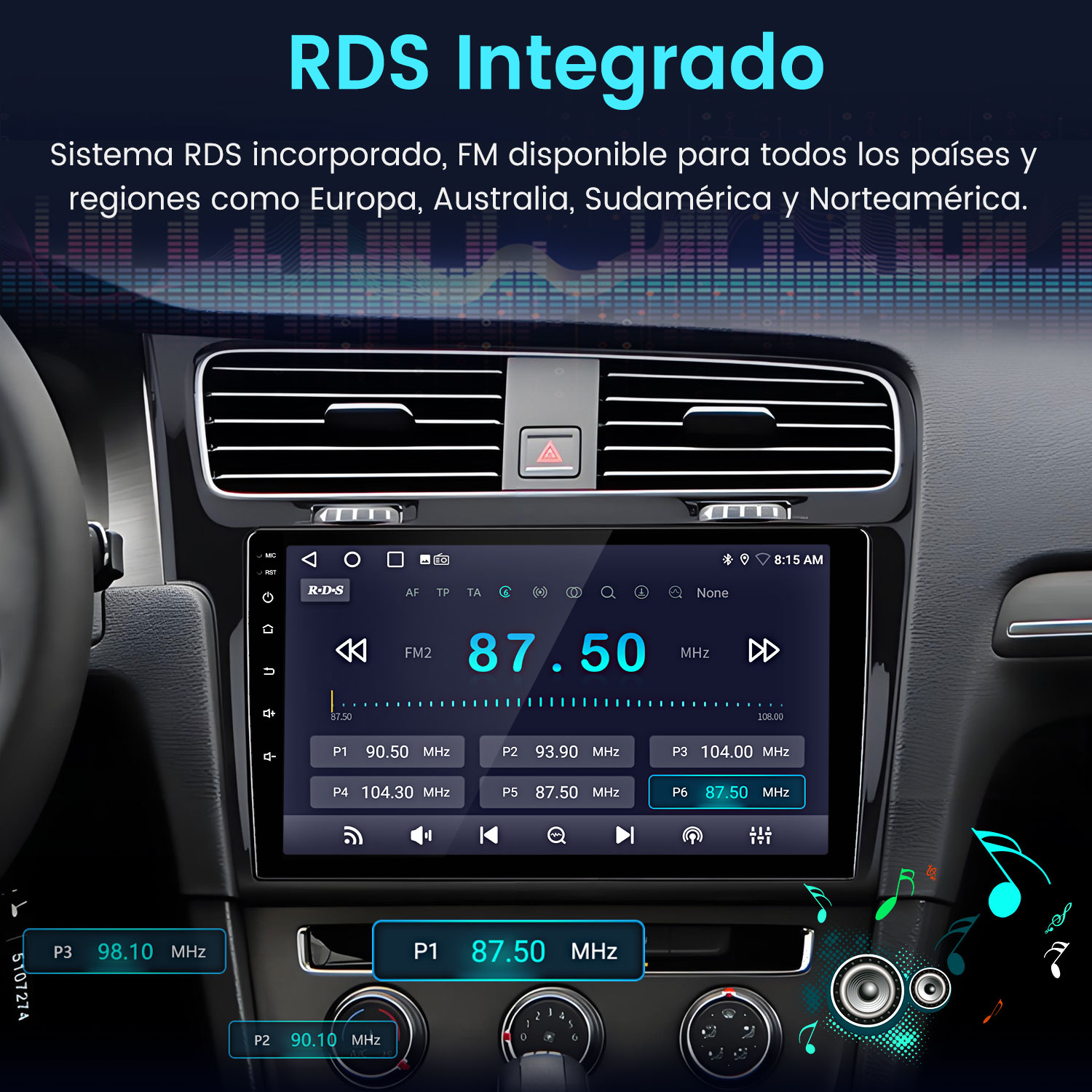 Pantalla de radio de coche muestra FM2 87.50 MHz con emisoras guardadas.
