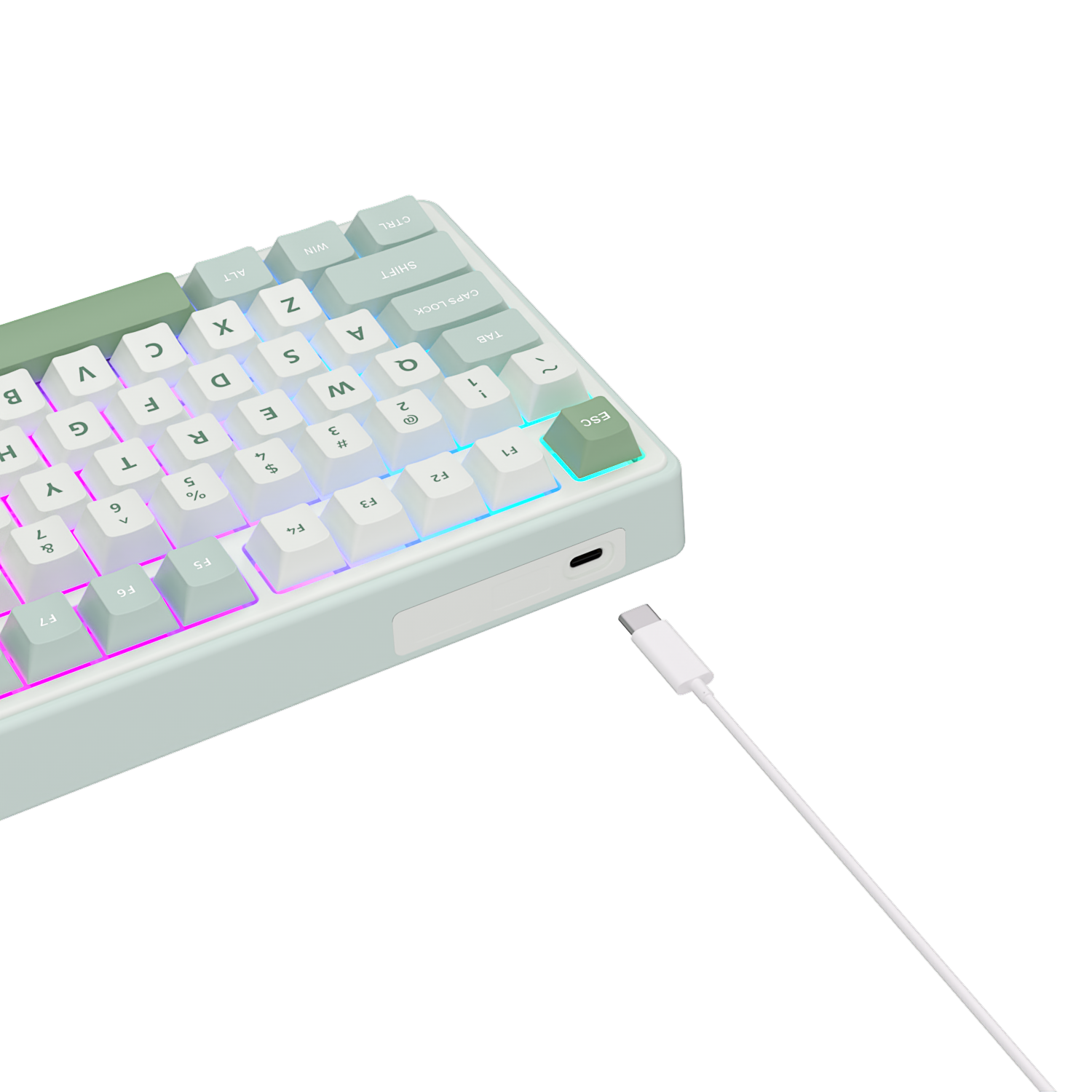 Jasnozielona klawiatura mechaniczna z podświetleniem RGB i białym kablem USB-C.