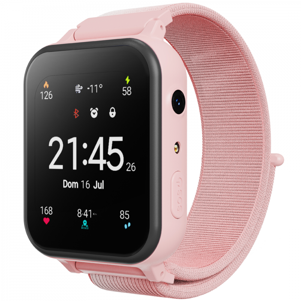 Różowy smartwatch wyświetla 21:45, datę Pon 16 Lip, kroki 126, tętno 168.