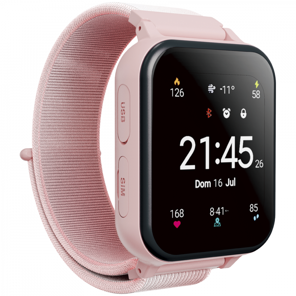 Różowy smartwatch z materiałową bransoletą, wyświetla 21:45, datę i pogodę.