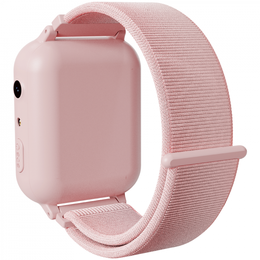 Różowe etui smartwatch z materiałowym paskiem. Posiada aparat i przycisk SOS.