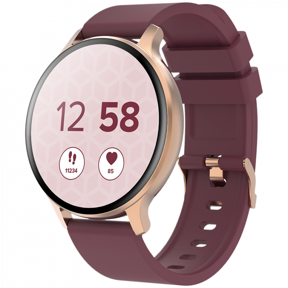 Różowo-złoty smartwatch z okrągłą tarczą pokazującą godzinę, kroki i tętno.