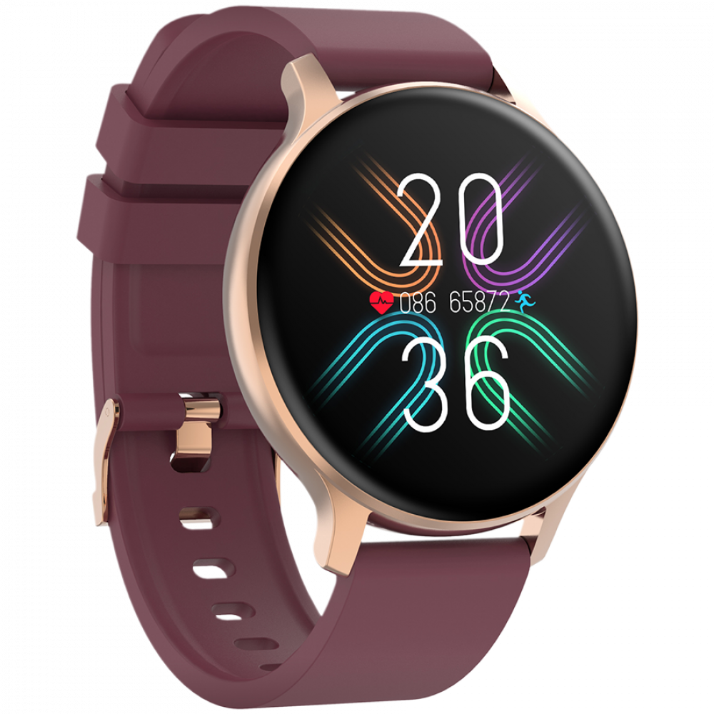 Cyfrowy smartwatch z burgundową bransoletą i kopertą w kolorze różowego złota.