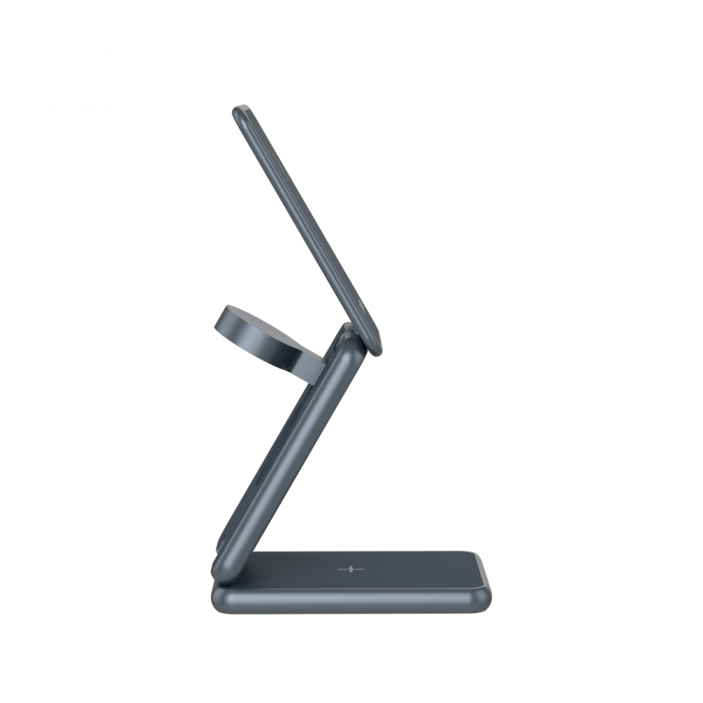 Szara, wielofunkcyjna podstawka ładująca do smartfona i smartwatcha.