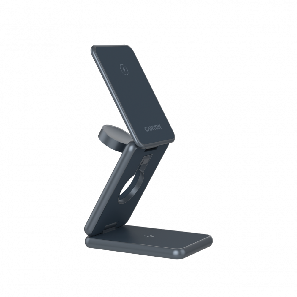 Ciemny, składany stojak do ładowania bezprzewodowego z okrągłym obszarem ładowania na górze.