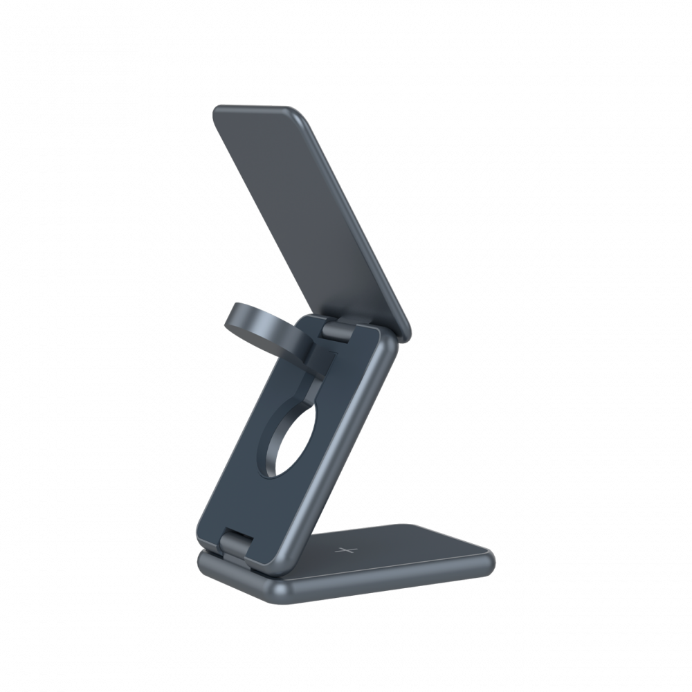 Szary, składany uchwyt na telefon z okrągłym wycięciem.