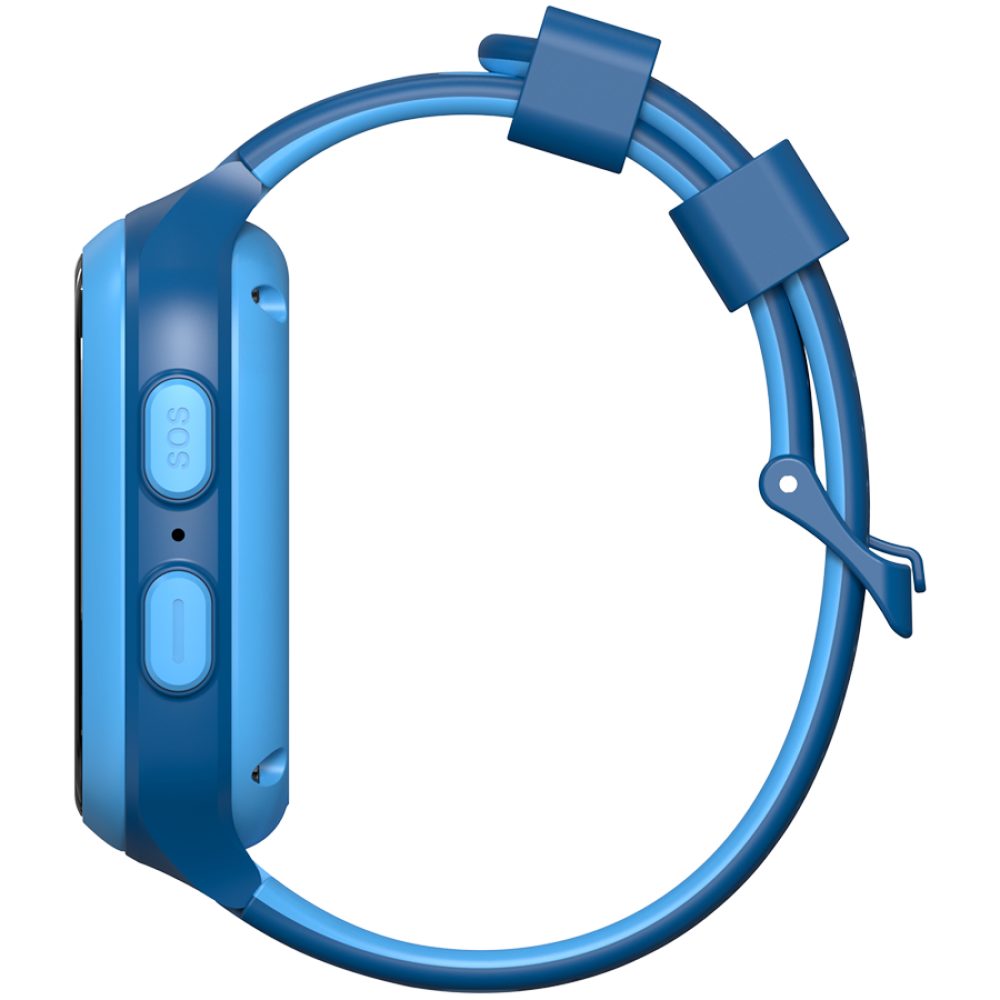 Niebieski smartwatch z przyciskiem SOS i paskiem, pokazany z boku.