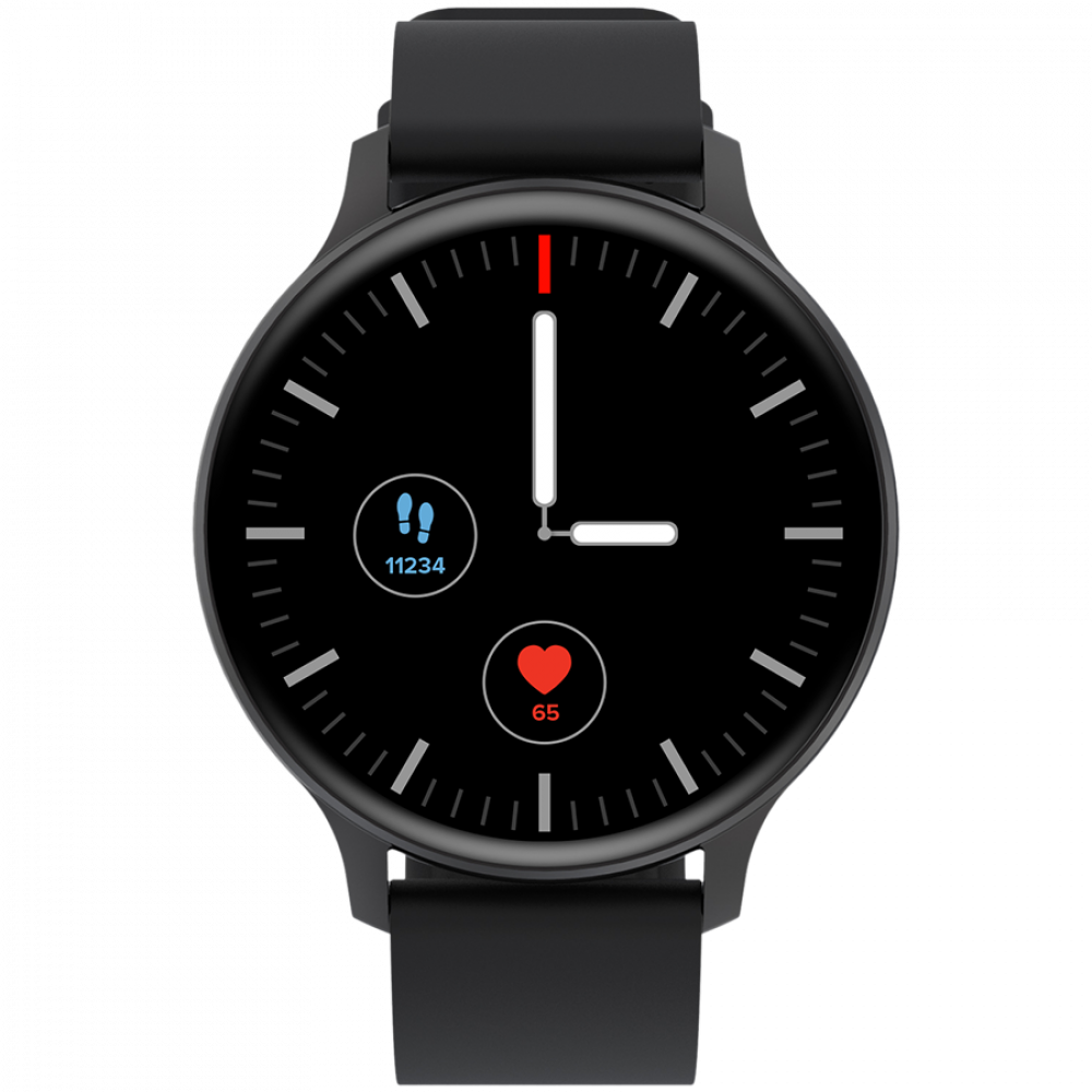 Czarny smartwatch pokazujący 11234 kroków i 65 tętna.