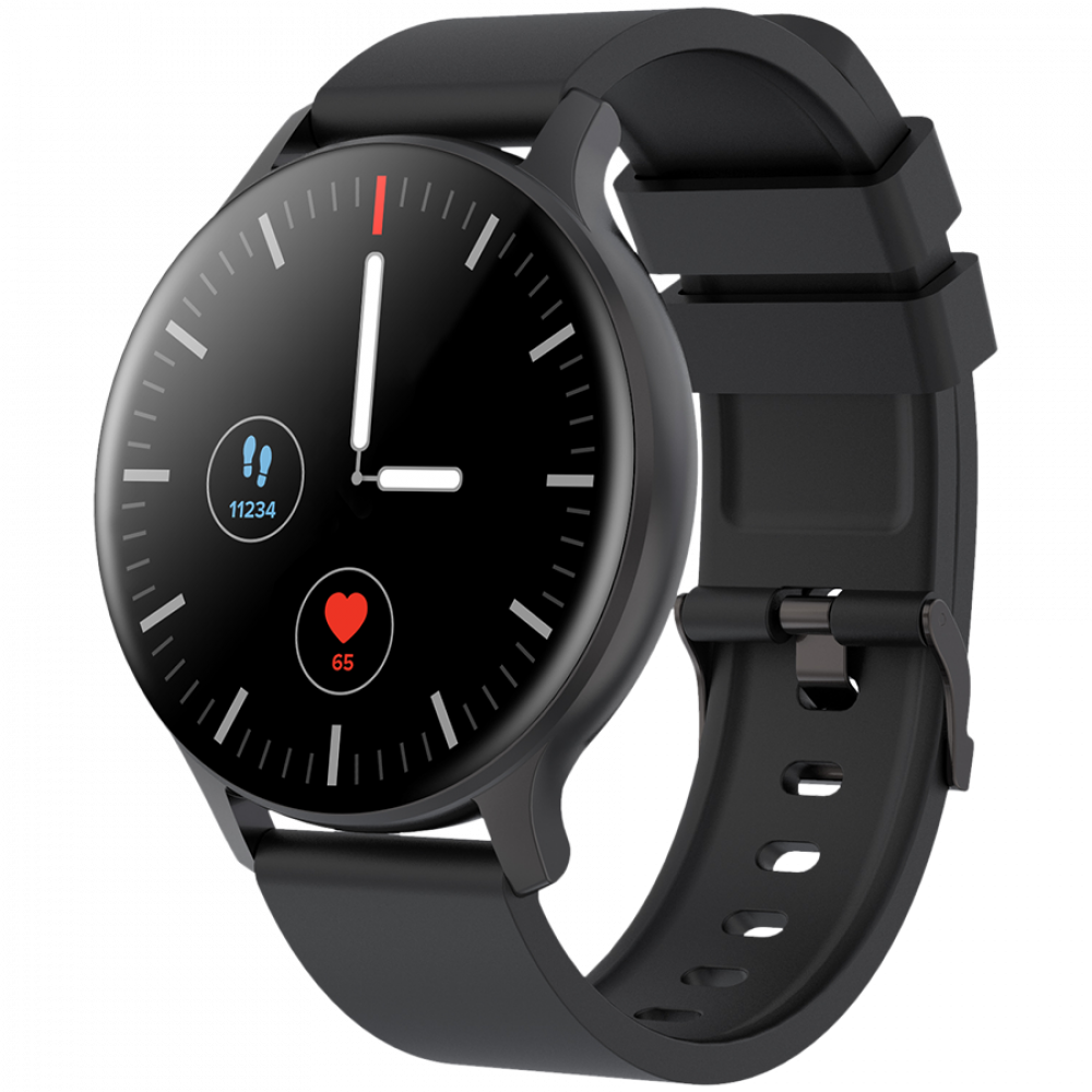Czarny smartwatch z okrągłą tarczą pokazującą kroki i tętno.