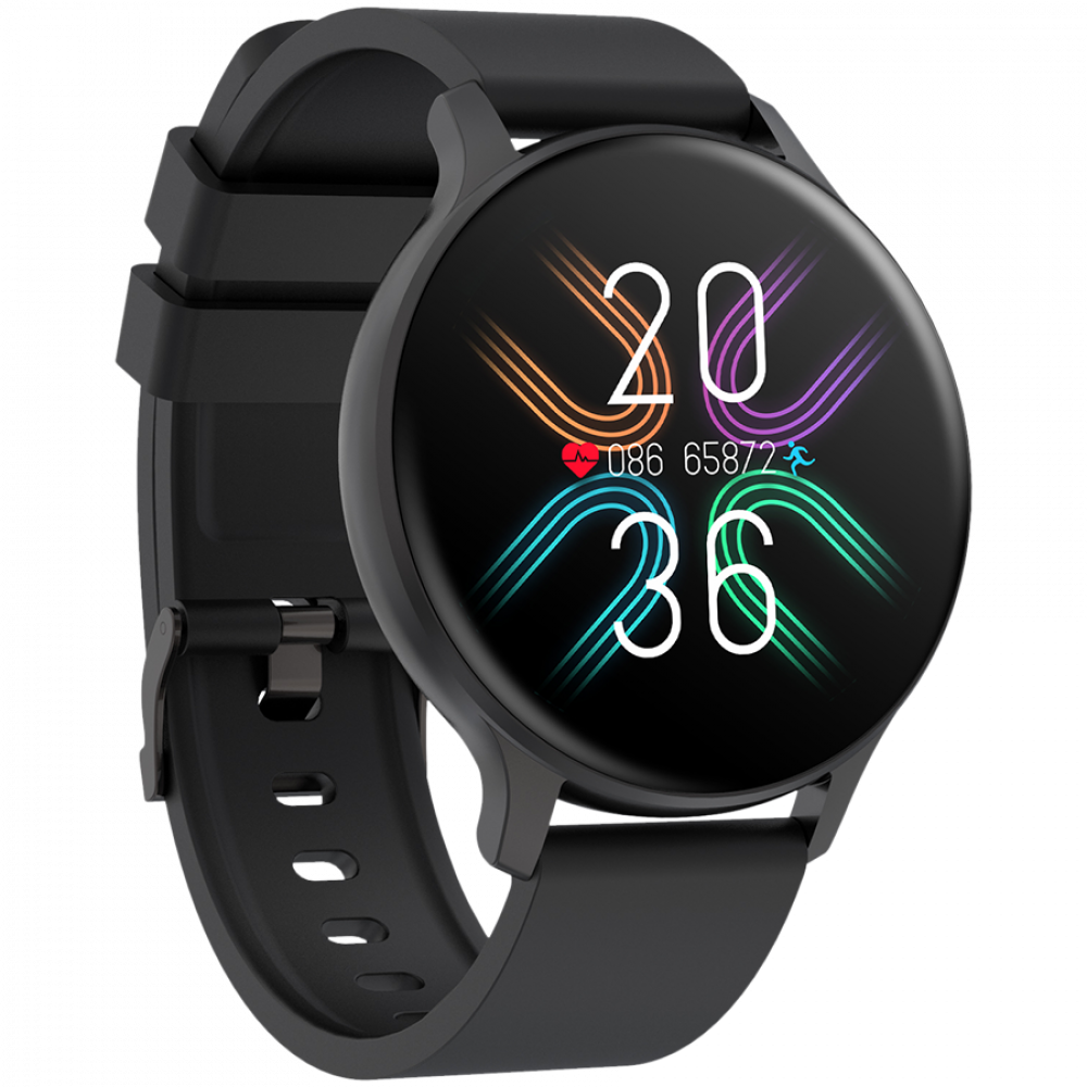 Czarny smartwatch pokazuje 20 i 36, z ikonami tętna i biegania.