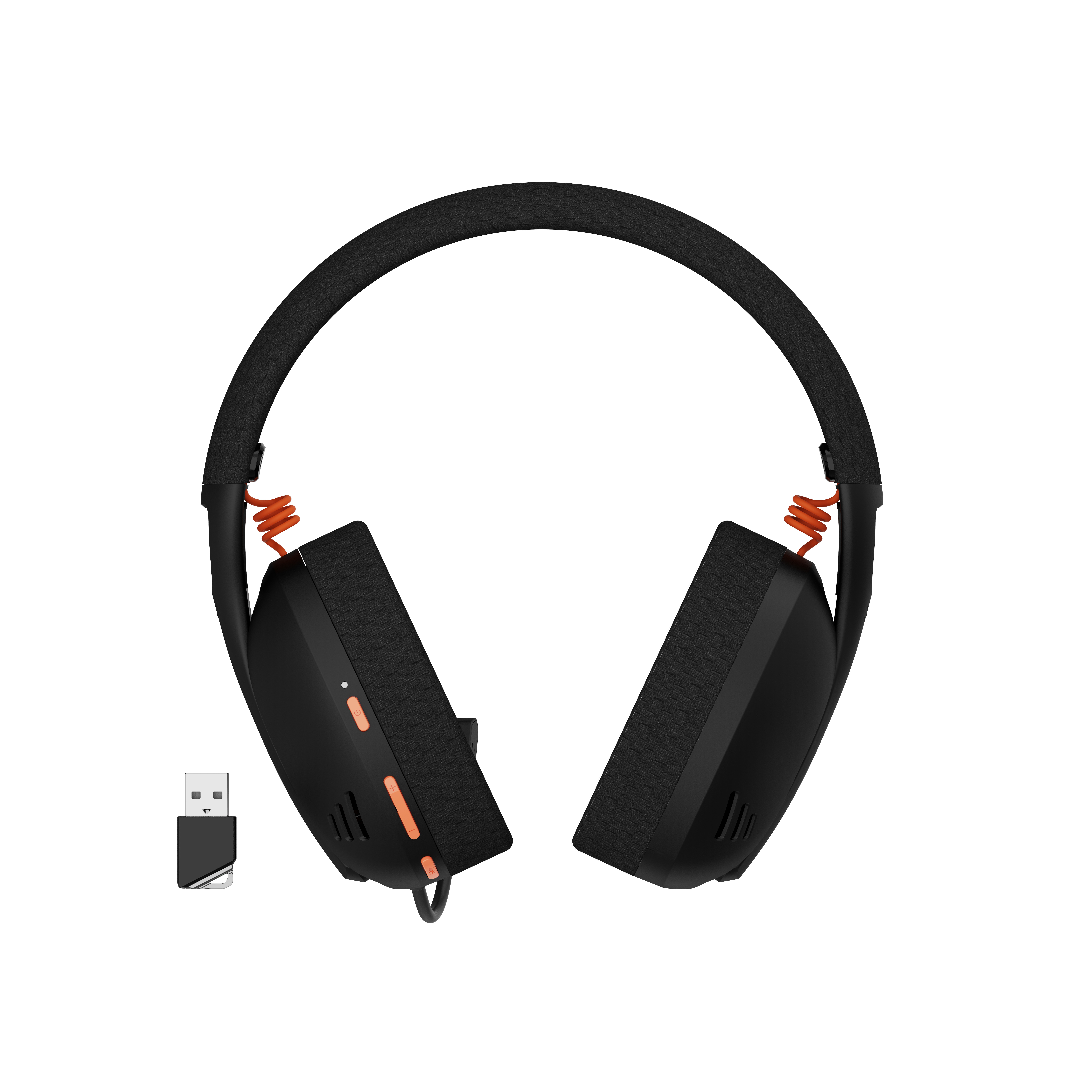 Czarne słuchawki z pomarańczowymi akcentami i kluczem USB na białym tle.